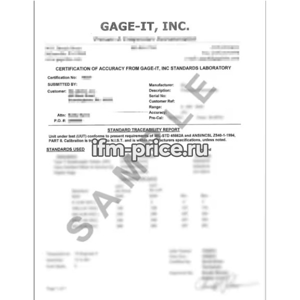Сертификат калибровки датчиков давления, CERT, CAL VER, PRESS, США